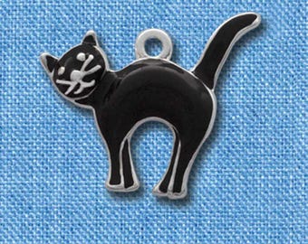 Enamel Black Arching Cat Charm: Silver Plated Halloween Jewelry Supply