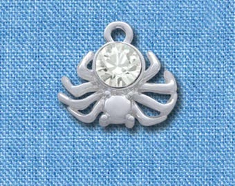 3-D Clear Crystal Spider Charm: Silver Plated Halloween Jewelry Supply