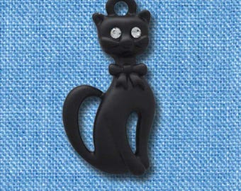 Enamel Tall Sitting Matte Black Cat Charm: Silver Plated Halloween Jewelry Supply