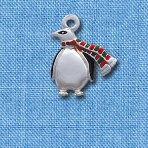 C1236* - Penguin with Scarf - Silver Plated Charm,Enamel Charm, Penguin Charm, Christmas Charm - QUANTITY DISCOUNT OPTIONS