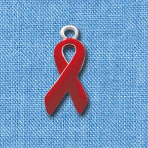 C1683 Enamel Red Ribbon - Silver Plated Charm - Awareness Ribbon Charm - QUANTITY DISCOUNT OPTIONS
