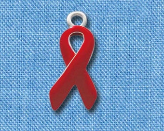 Red Enamel Ribbon Charm - Silver Plated Awareness Jewelry