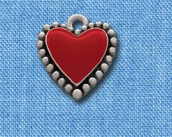 Red Enamel Heart Charm: Silver Plated Beaded Border, Love Jewelry