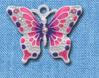 Pink & Purple Enamel Butterfly Charm - Silver Plated Jewelry Finding