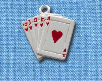 Royal Flush Playing Card Charm for Jewelry Making, Red Enamel Poker Cards Pendant, Gambling Vegas Theme Crafts, Silver Plated