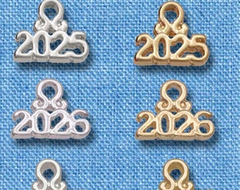 Mini Year Charm Silver Plated Charm or Gold tone Charm, Graduation Charm - QUANTITY DISCOUNT OPTIONS, 2024, 2025, 2026, 2027, 2028