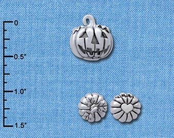 3-D Large Jack O'Lantern Charm with Leaves: Silver Plated Halloween Jewelry Supply (Silver or Gold)