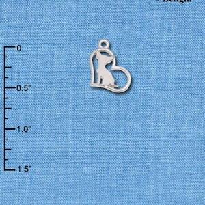 C6276+ Chihuahua Silhouette Heart - Silver Plated Charm, Chihuahua Charm, Chihuahua Dog Charm - QUANTITY OPTIONS