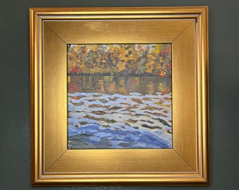 Reflejos ondulantes del agua en el lago, pintura al óleo otoñal al aire libre