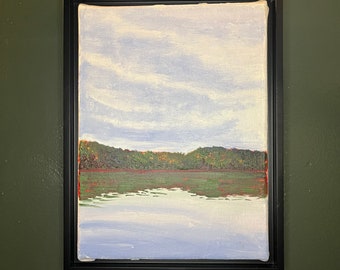 Pintura al óleo sobre lienzo de paisaje de lago al aire libre de septiembre