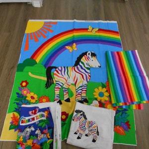 Lot of 4 vintage Cranston Rainbow Zebra cotton fabric craft panel book, quilt top, striped backing zebra