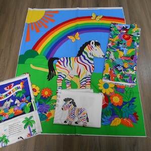 Lot of 4 vintage Cranston Rainbow Zebra cotton fabric craft panels