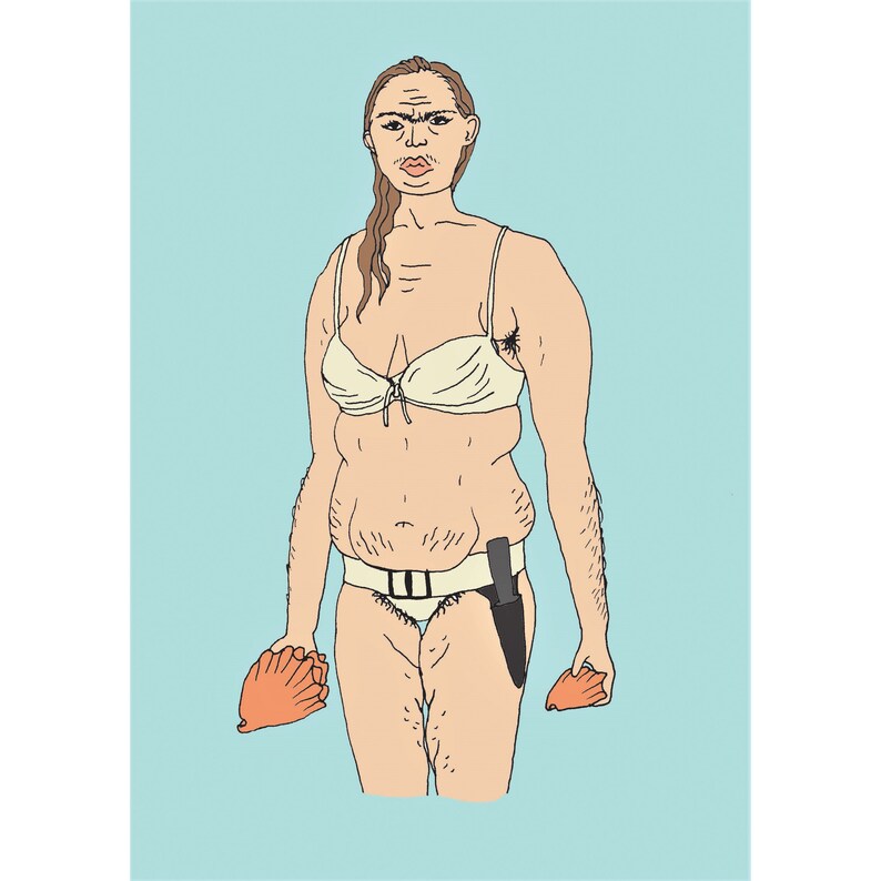 May include: Illustration of a person in a white bra and underwear, holding two orange objects. A black knife is tucked into the belt. The background is a solid light blue.