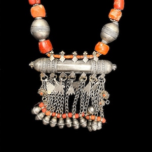Vintage Antique Coral Silver Beads Amulet Early 1900s Tribal Yemeni Necklace