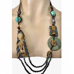 Vintage Bohemian Tribal Inspired Handmade Layered Necklace Semi Precious, Bone And Simulated Stones