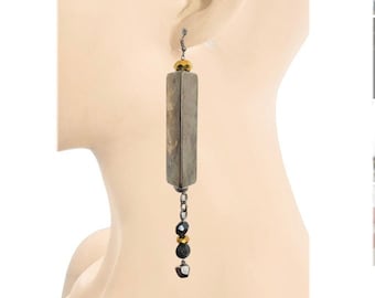 Upcycled recycled repurposed abstract geometric Golden and black metallic beads linear statement earrings