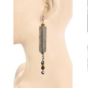 Upcycled recycled repurposed abstract geometric Golden and black metallic beads linear statement earrings