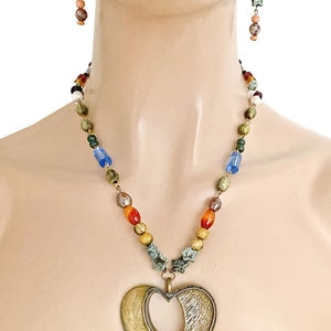 Upcycled, Recycled Heart Pendant Vintage Beads Necklace Earrings Set
