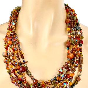 Vintage 1980s Mixed Materials Semi Precious Stones Multilayered Multistrand Layered Brown Orange Shades Necklace