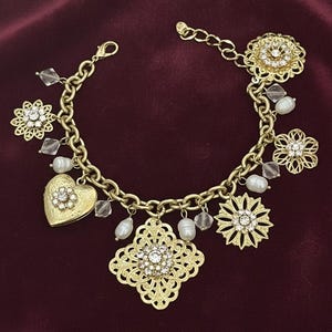 Vintage Gold Tone Charmed Bracelet: Aurora Borealis Crystal Heart Locket