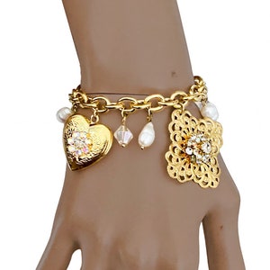 Vintage Gold Tone Charmed Bracelet: Aurora Borealis Crystal Heart Locket