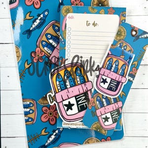 Sardine stationery bundle - Stationery Set - Book Lover Gift Set - Hand Drawn Design - Hand made Book mark - Planner gift set - Funny Art