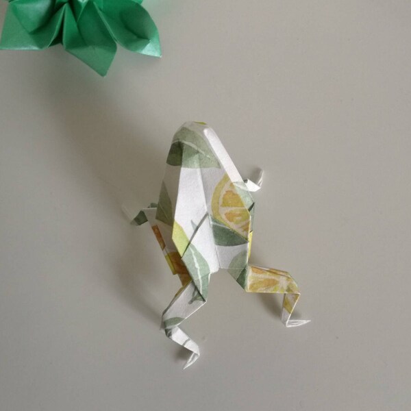 Handmade fruit patterned origami frog (lemon design) / water coloured paper / handmade gift