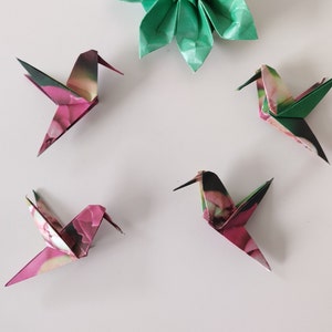 Set of 4 handmade origami little flying hummingbirds in Succulents patterns / cake toppers / hanging decorations / party favours