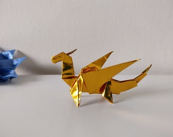 Handmade Metallic Gold Origami Dragon: Paper Fantasy creature, eco-friendly Gift