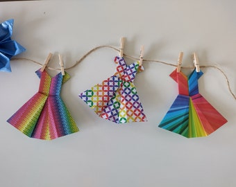 Set of 3 handmade origami multicoloured dresses / card decorations / gift toppers / party favours / eco friendly gift