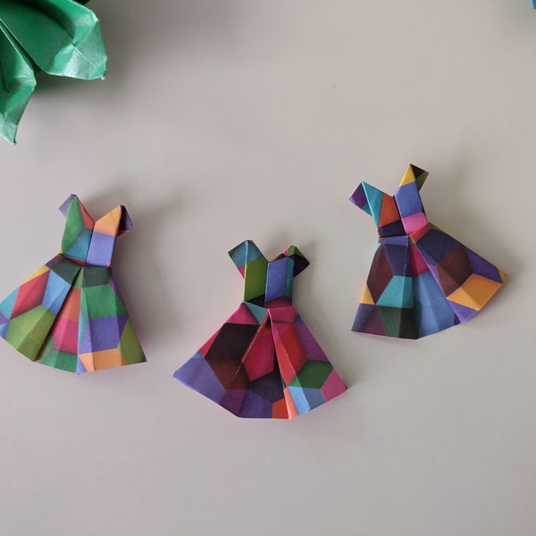 Set of 3 handmade origami multicoloured mini dresses / card decorations / gift toppers / party favours / eco friendly gift