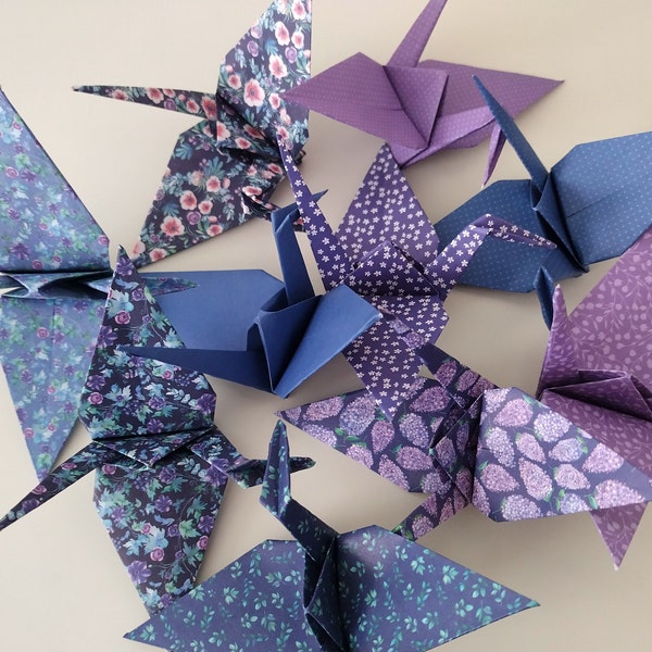 Set of 10 handmade purple blue patterned origami cranes (Floral Dreams) / hanging decorations / party favours / eco friendly gift