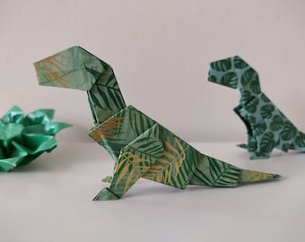 Handmade origami green patterned dinosaurs T-Rex / Children's room decor / party favour