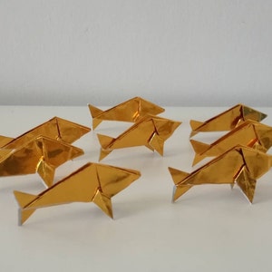 Set of 8 handmade little metallic gold origami fish / paper decorations / cake toppers