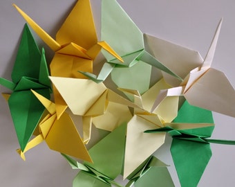 Set of 10 handmade origami cranes in shades of green and yellow / hanging decorations / party favours / cake toppers / eco friendly gift