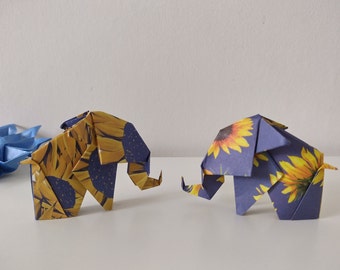 Set of 2 handmade blue and yellow origami elephants in Sunflower pattern / hanging decoration / handmade eco-friendly gift