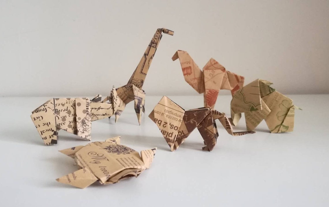 Set of 6 handmade origami zoo animals vintage style origami | Etsy