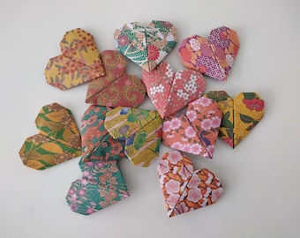 Set of 12 handmade 5 cm colourful origami hearts in Japanese Washi patterns / gift toppers / party favours / card decorations