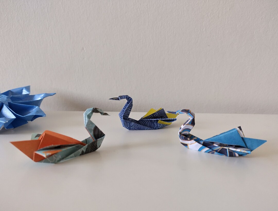 Set of 3 Handmade Origami Miniature Swans in Chiyogami Patterns / Eco ...