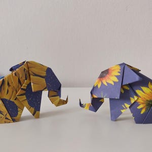 Handmade Origami Sunflower Elephants (Set of 2): Blue & Yellow Paper Decorations, good luck gift