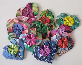 Set of 10 handmade origami hearts with flower in various Succulents patterns / card decoration / table scatters / gift toppers