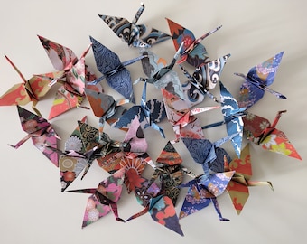 Set of 24 handmade little origami cranes (7cm wingspan) in Chiyogami Patterns / hanging decorations / party favours / gift toppers