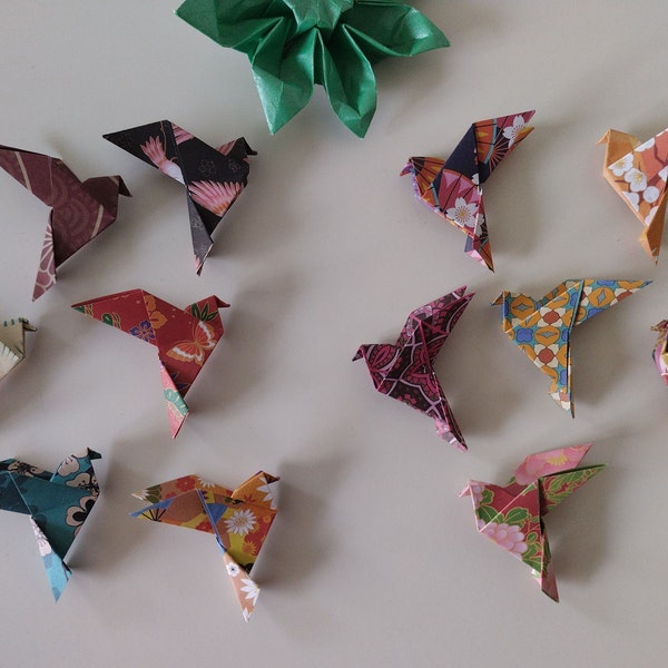 Set of 12 handmade origami little flying birds in assorted Kimono patterns / hanging decorations / gift toppers / party favours
