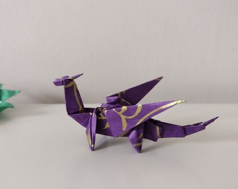 Handmade Purple Origami Dragon: Lokta Paper with Gold Floral Print, eco-friendly gift