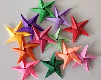 Handmade Origami Little Stars: Colourful Paper Decorations, Gift Toppers, party favours (Set of 12)