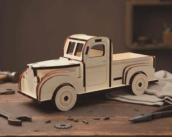 Archivo de corte láser de camioneta vintage - Maqueta de coche retro de madera (Descarga digital)