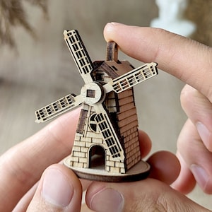 Mini modello di mulino a vento tagliato al laser, file SVG, piccolo puzzle 3D, piano vettoriale (download digitale)