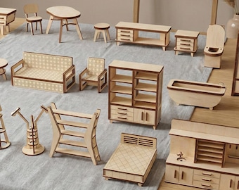 Puppenhaus Möbel Mega Set Laser Cut Dateien, Miniatur 1:12 Zimmer Bundle SVG Vorlagen