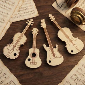 楽器キーホルダーレーザーカットファイル、SVGギターウクレレバイオリンベクターテンプレート