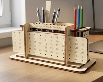 Ewiger Tischkalender Laser Cut Datei, SVG Aus Holz Büro Organizer und Stifthalter